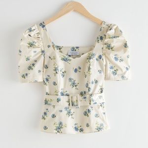 & Other Stories Puff Sleeve Peplum Top with Belt - Cream and Blue Floral US 6/M
